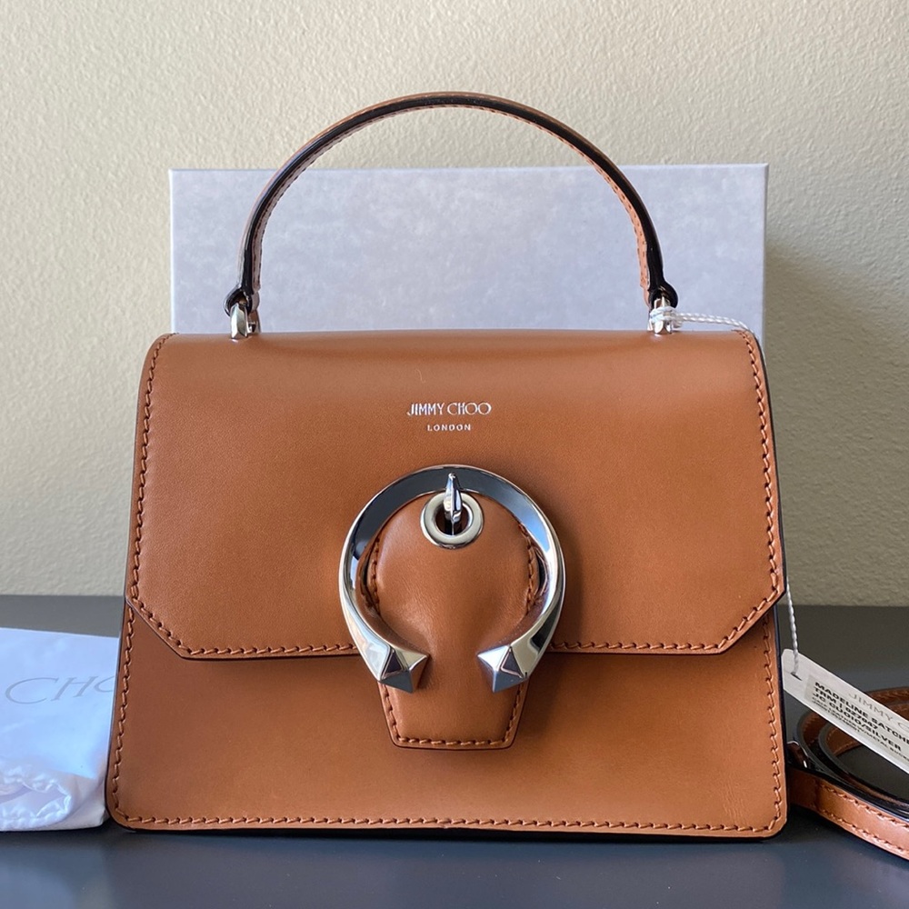 Authentic Jimmy Choo Madeline Leather Satchel w/ Detachable Strap, Small, Brown